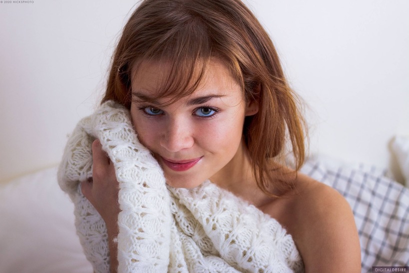 Justine Wakes in White Sleepwear and Blue Socks photo 8