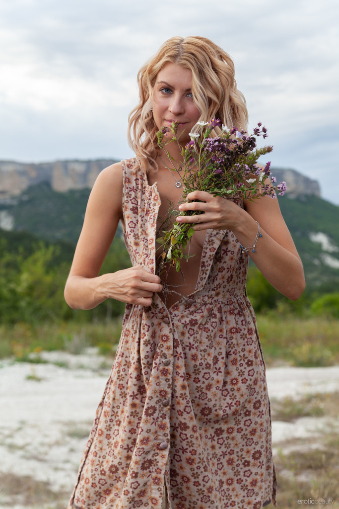 Floral Dress and Nude Poses Above a Mountain Lake photo 6