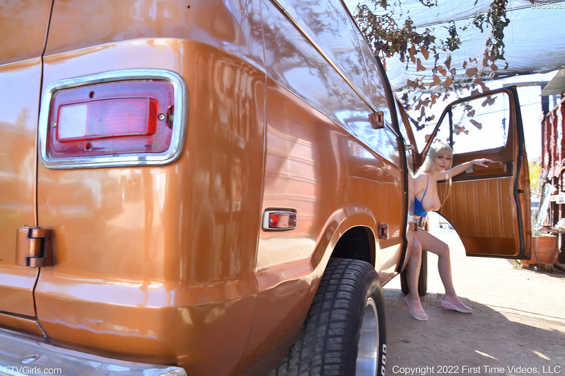 Blue Crop Top and Denim Shorts inside a Shag Van photo 8