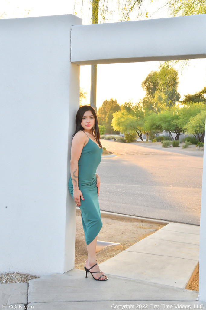 Emerald Dress Poses at Golden Hour Outdoors photo 1