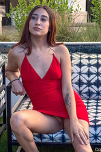 Red Mini Dress to Nude Patio Poses - photo 2