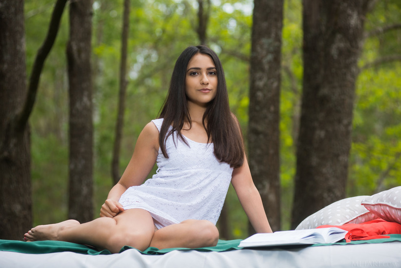White Sundress Picnic Strip in the Woods photo 3