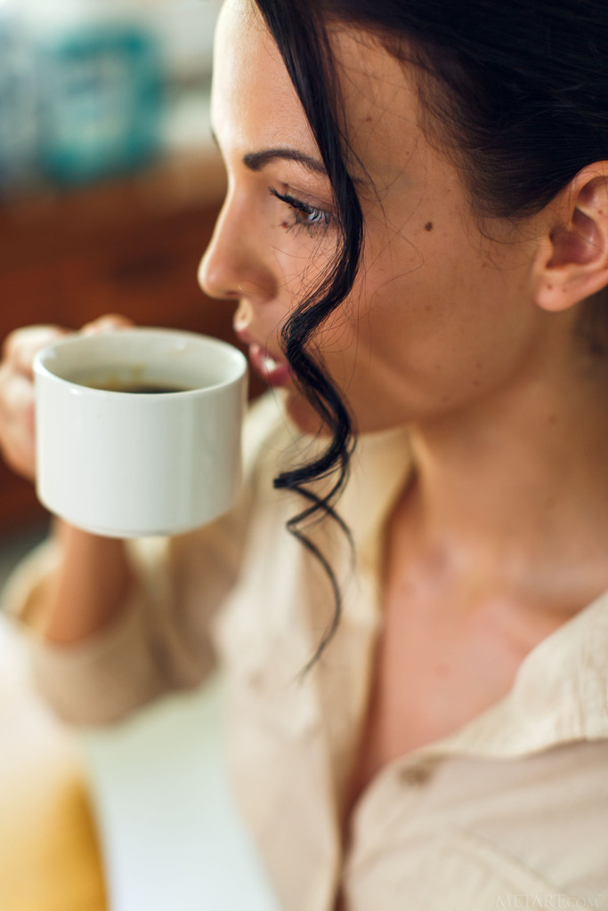 Sapphira A with Morning Coffee in a Bright Home Strip photo 2