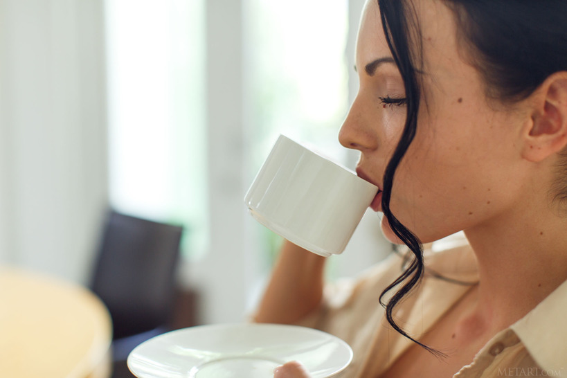 Sapphira A with Morning Coffee in a Bright Home Strip photo 3