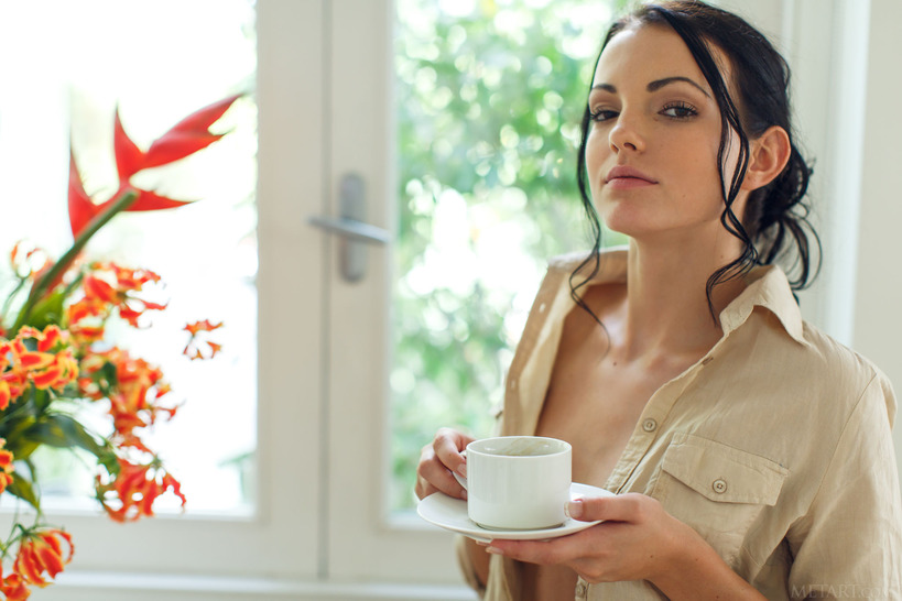 Sapphira A with Morning Coffee in a Bright Home Strip photo 5
