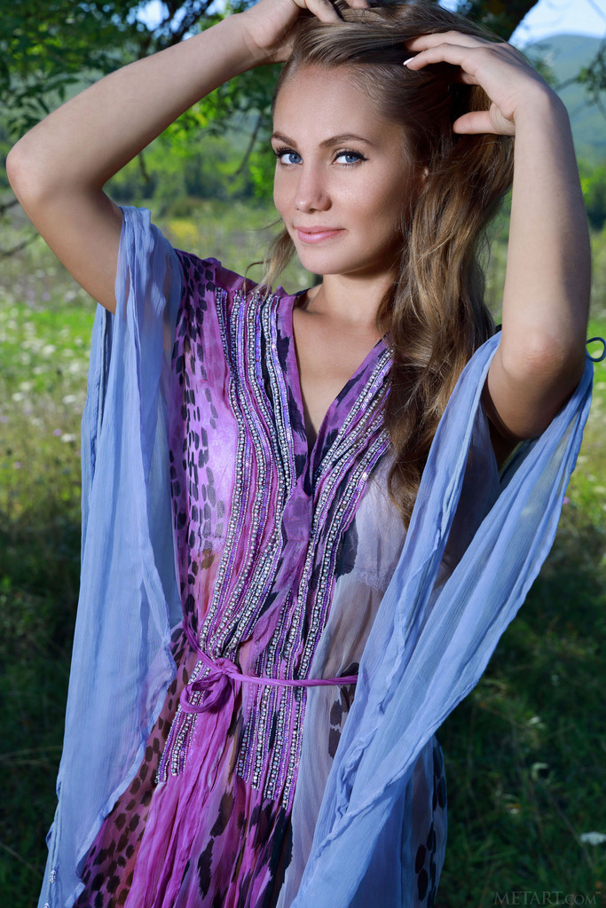 Purple Maxi Dress in a Meadow Before Nude Posing photo 6