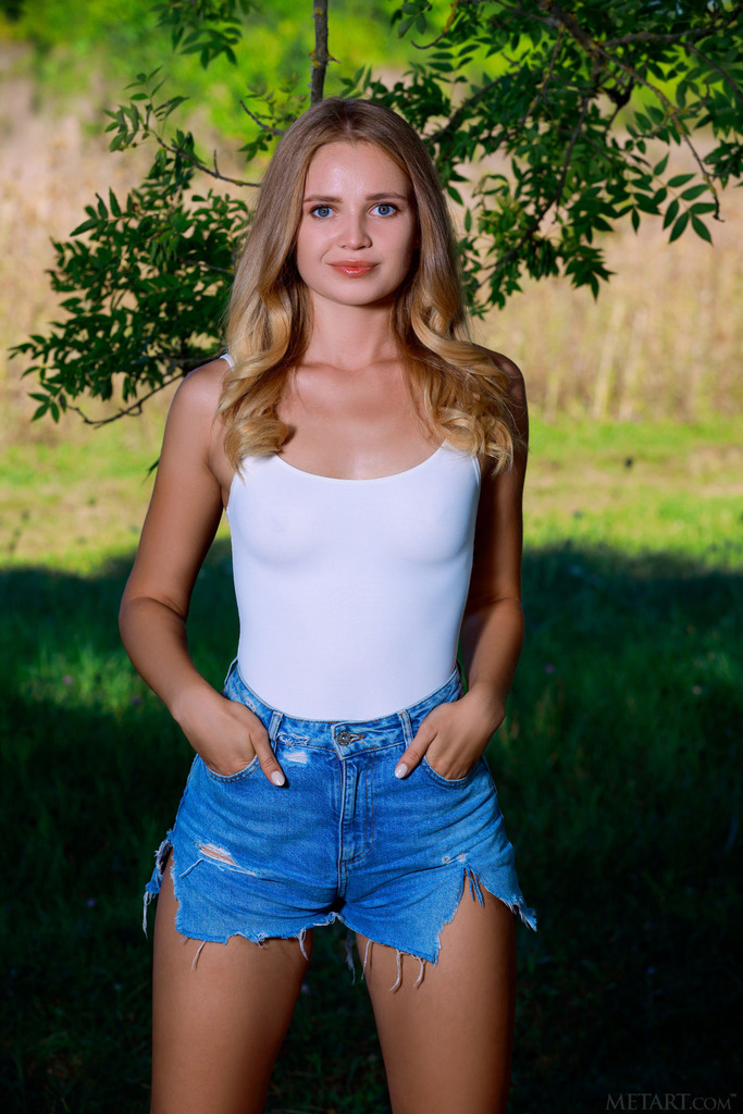 White Tank and Denim Shorts in a Sunny Meadow Strip photo 2