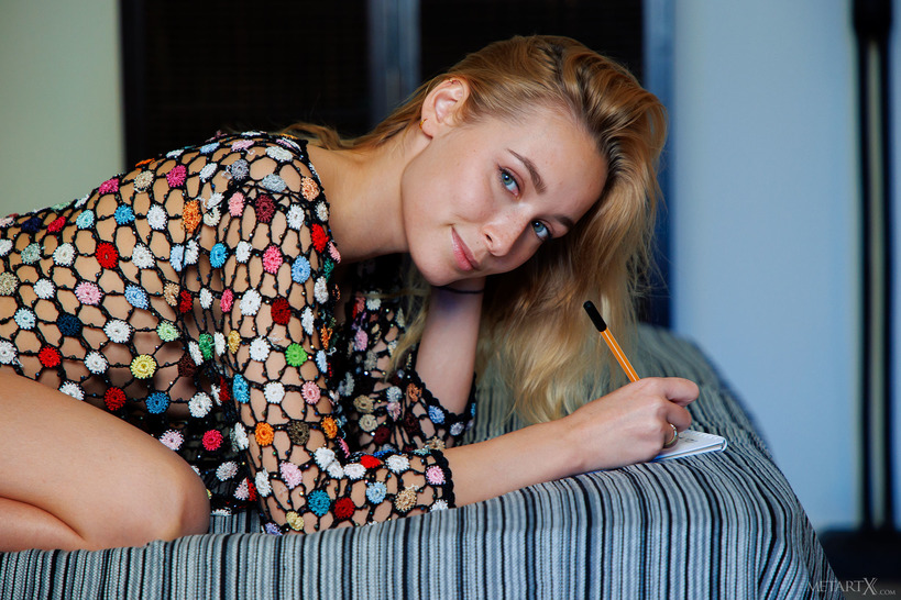 Horny Little Blonde Kelly Is Alone In Her Room Writes A Letter With The Words Of Love photo 3