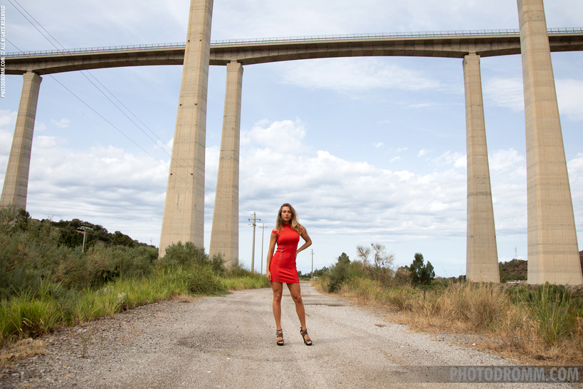 Red Mini Dress and Heels on a Rural Road photo 1