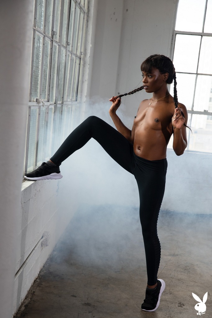 Athletic Nude Poses in Black Thigh-High Socks photo 18