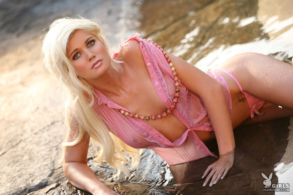 Bailey Owens in pink top and thong getting wet 03