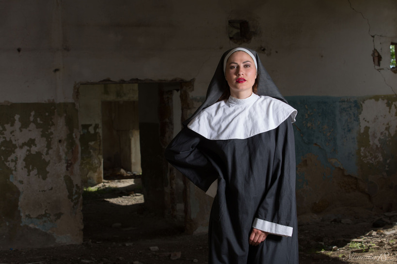 Nun Costume and Nude Posing in a Weathered Industrial Interior photo 3