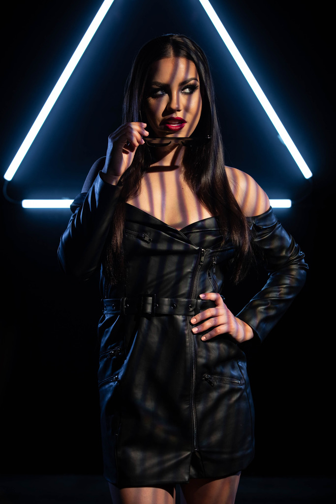 Alina Lopez in Black Sheer Styling Under Neon Studio Lights photo 6