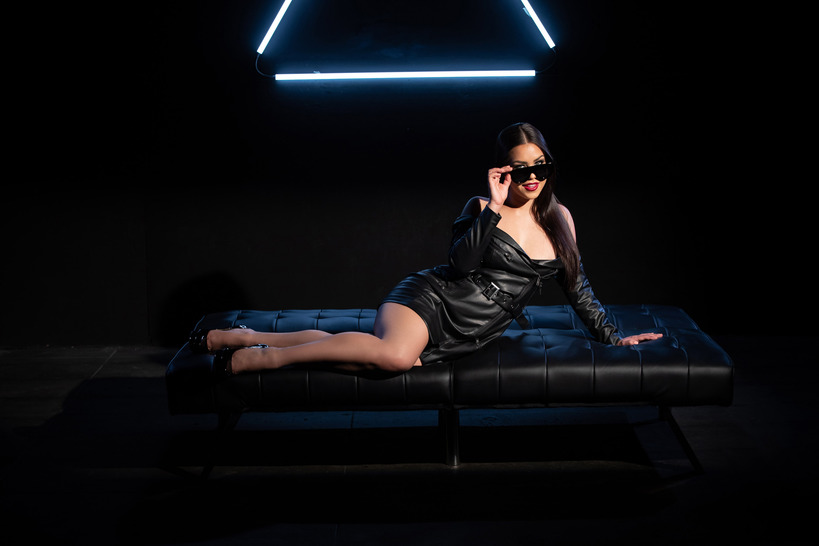 Alina Lopez in Black Sheer Styling Under Neon Studio Lights photo 9